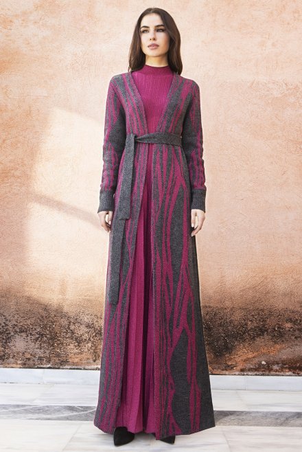 Jacquard long cardigan with lurex anthracite -bordeaux