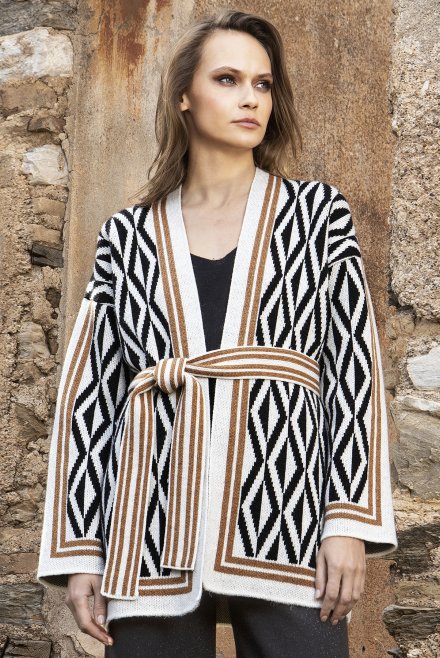 Jacquard cardigan ivory-black-camel