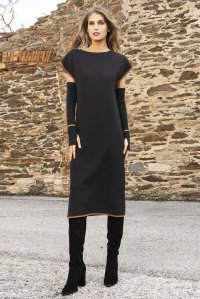 Viscose-blend relaxed fit two-tone midi dress black-amber brown