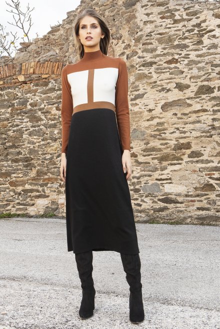 Intarsia φόρεμα από βισκόζη black-ivory-camel-amber brown