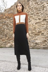 Viscose blend intarsia midi dress black-ivory-camel-amber brown