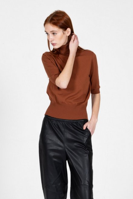 Viscose-blend short sleeved sweater amber brown