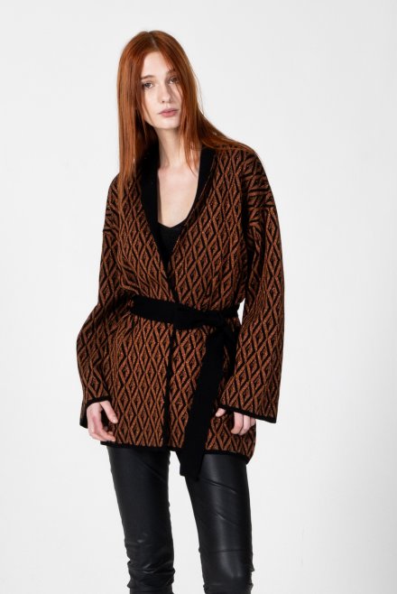 Viscose-lurex blend geometric pattern cardigan black-amber brown