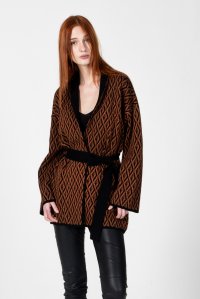 Viscose-lurex blend geometric pattern cardigan black-amber brown