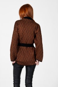 Viscose-lurex blend geometric pattern cardigan black-amber brown