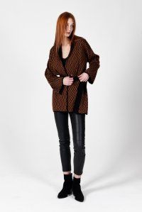 Viscose-lurex blend geometric pattern cardigan black-amber brown