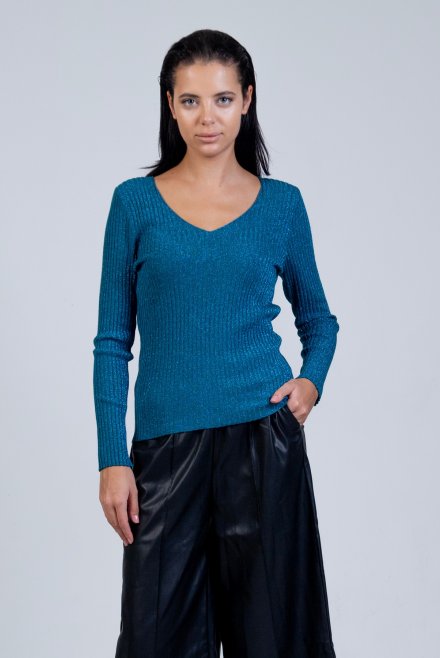 Lurex basic v-neck top petrol