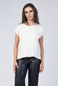 Satin short sleeved blouse with knitted details vanilla