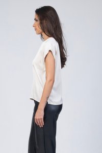 Satin short sleeved blouse with knitted details vanilla