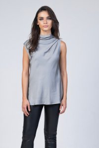 Satin cowl neck sleeveless top with knitted details grey