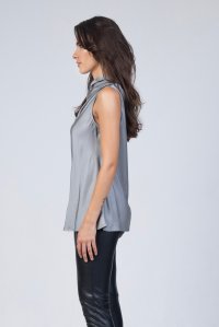 Satin cowl neck sleeveless top with knitted details grey