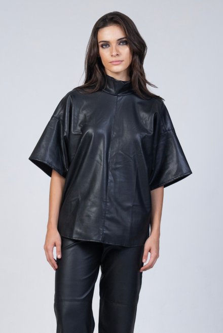 Faux leather strech high neck blouse black