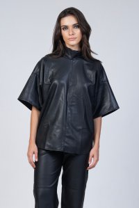 Faux leather strech high neck blouse black