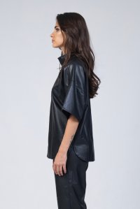 Faux leather strech high neck blouse black