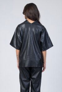 Faux leather strech high neck blouse black