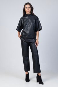 Faux leather strech high neck blouse black