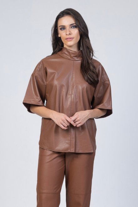 Faux leather strech high neck blouse tabac