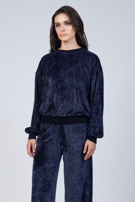 Velvet sweater with knitted details navy