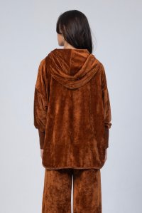 Velvet v neck hoodie with knitted details tabac