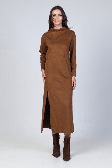 Faux suede long dress brown