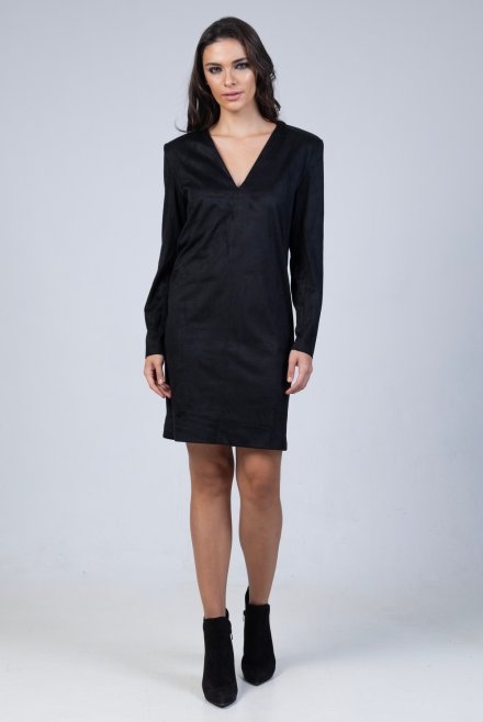 Faux suede dress with v neck black