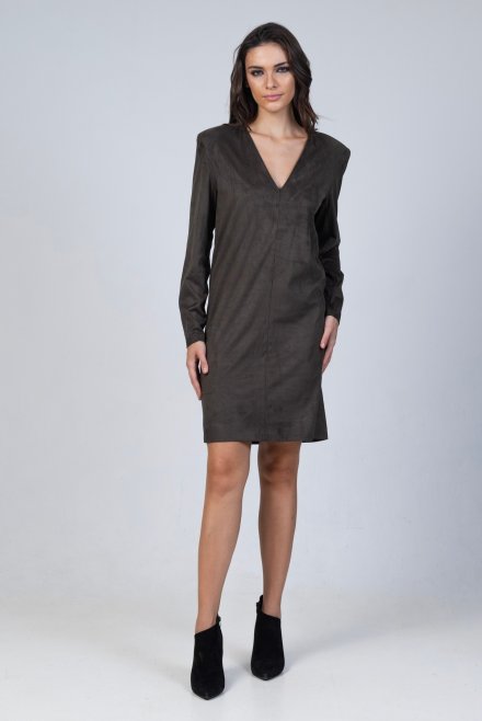 Faux suede dress with v neck olive