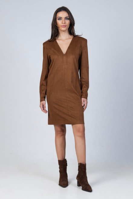 Faux suede dress with v neck brown