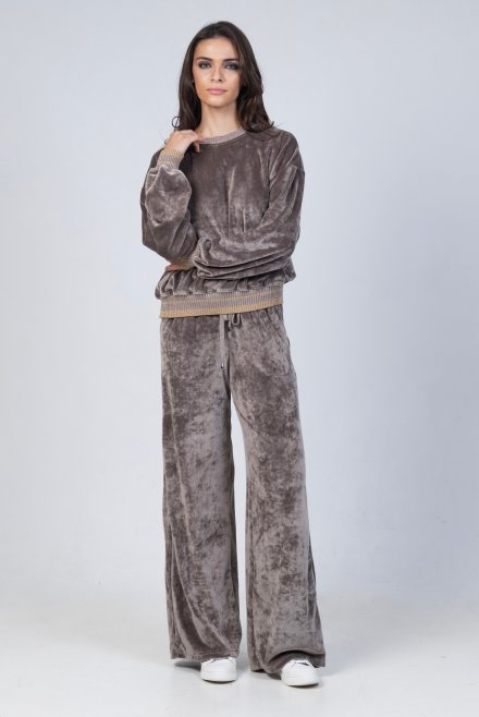 Velvet trackpants with knitted details taupe