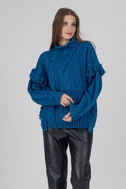 Chunky knit fringed sweater petrol