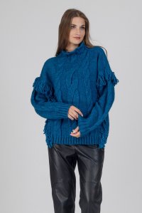 Chunky knit fringed sweater petrol