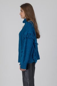 Chunky knit fringed sweater petrol