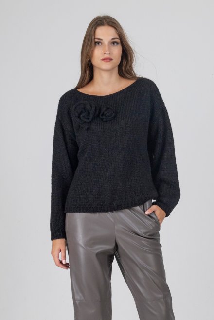 Mohair-blend embelished flowers sweater black