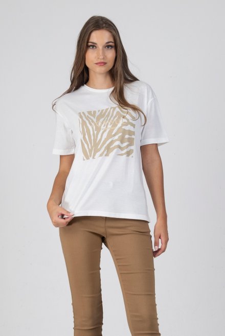 Printed basic t-shirt white-beige