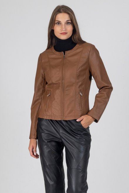 Round neck faux leather jacket chocolate