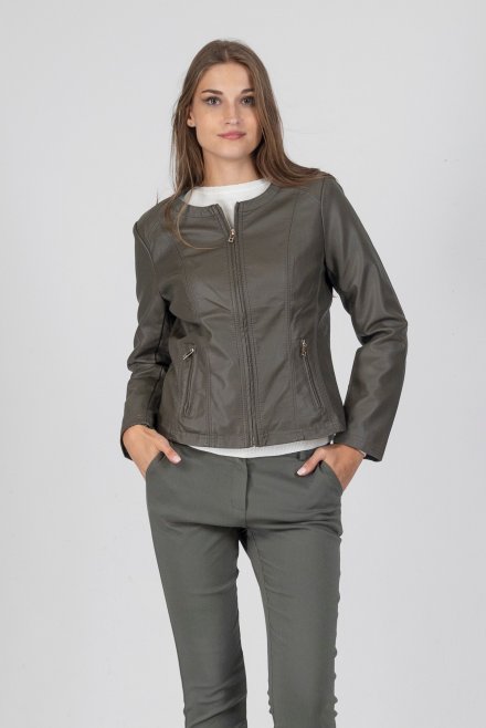 Round neck faux leather jacket khaki