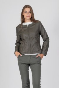 Round neck faux leather jacket khaki