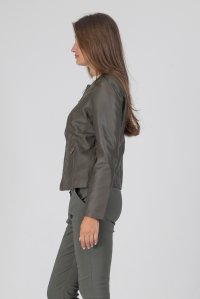 Round neck faux leather jacket khaki