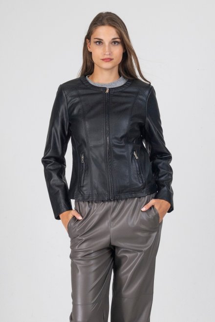 Round neck faux leather jacket noir