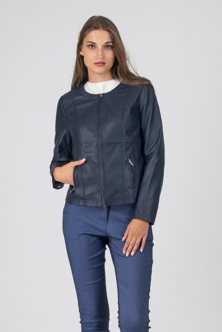 Round neck faux leather jacket navy