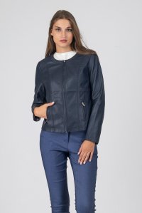 Round neck faux leather jacket navy