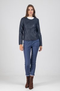 Round neck faux leather jacket navy