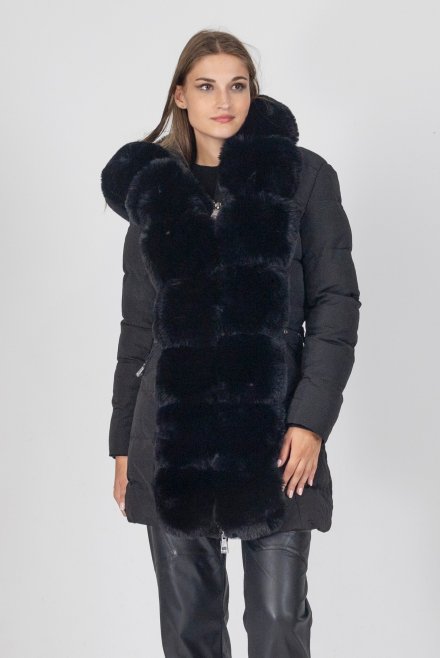 Belted parka with removable premium vegan fur noir