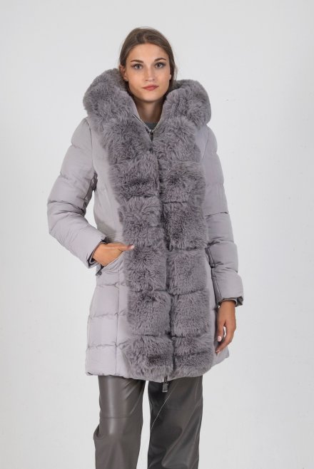 Belted parka with removable premium vegan fur grey