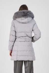 Belted parka with removable premium vegan fur grey