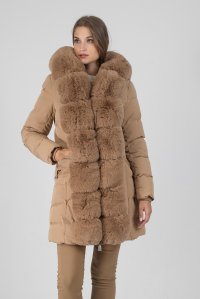 Belted parka with removable premium vegan fur camel