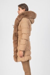 Belted parka with removable premium vegan fur camel