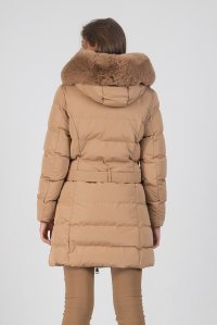 Belted parka with removable premium vegan fur camel