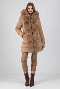 Belted parka with removable premium vegan fur camel