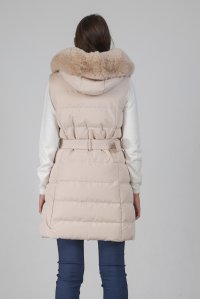 Belted mid length quilted sleeveless down jacket with faux fur beige