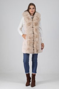 Belted mid length quilted sleeveless down jacket with faux fur beige